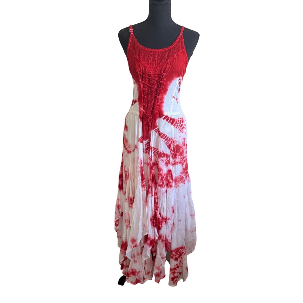 Sakkas Womens Red Tie Dye Corset Lace Up Maxi Dress Free Size Boho Hippie
